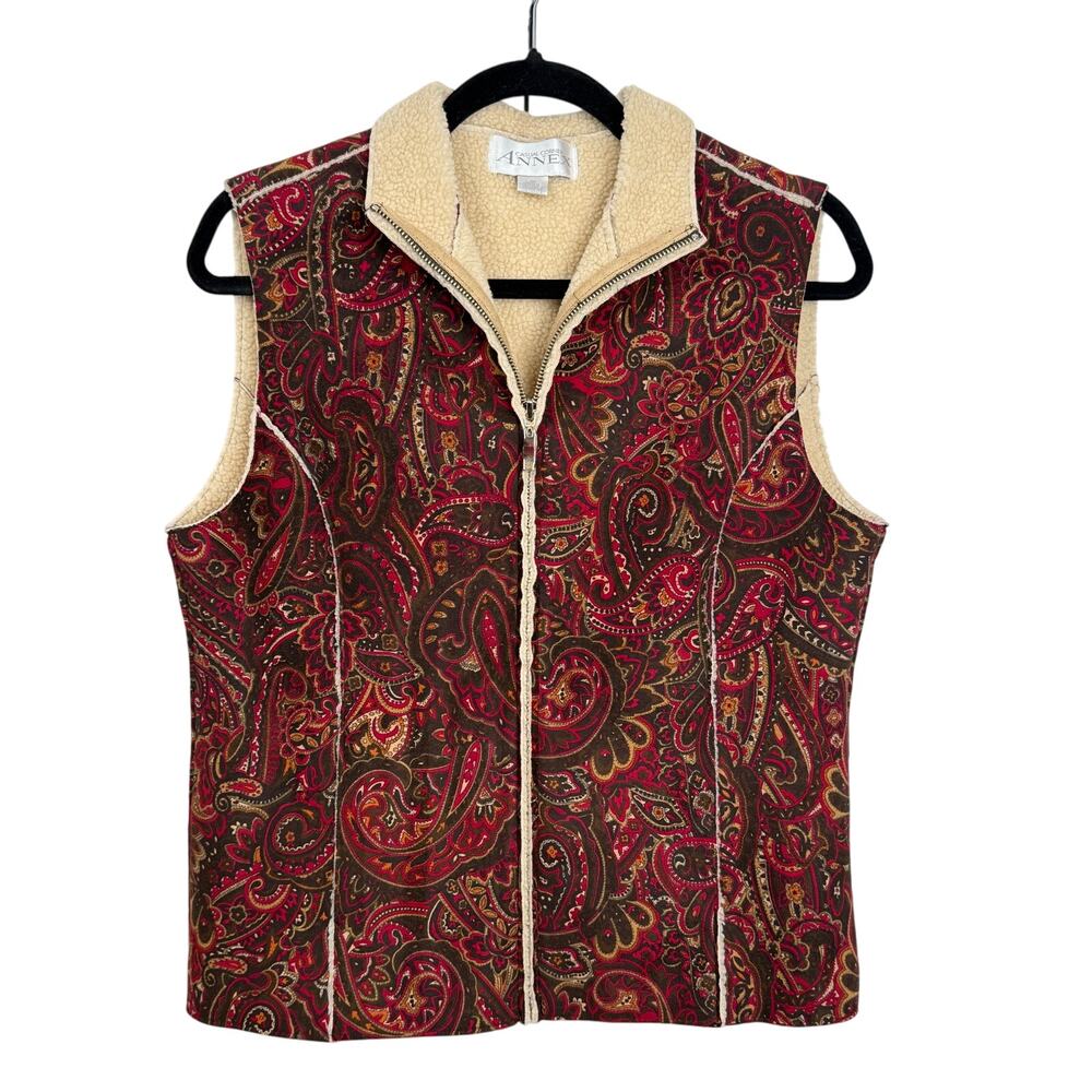ANN TAYLOR Red Paisley Sherpa-Lined Zip Vest